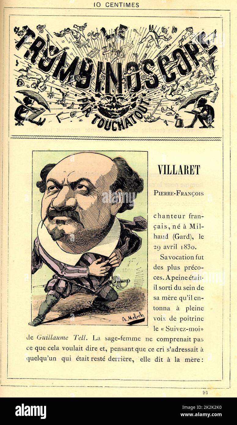 Caricature of Pierre-François Villaret (1830-1896), in : 'Le Trombinoscope' by Touchatout, drawing by Moloch. 19th  century. France. Private Collection. Stock Photo