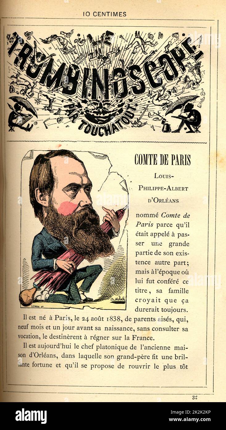 Caricature of Philippe-Albert d'Orléans, Count of Paris (1838-1894), in : 'Le Trombinoscope' by Touchatout, drawing by Moloch.  19th century  France Private Collection Stock Photo