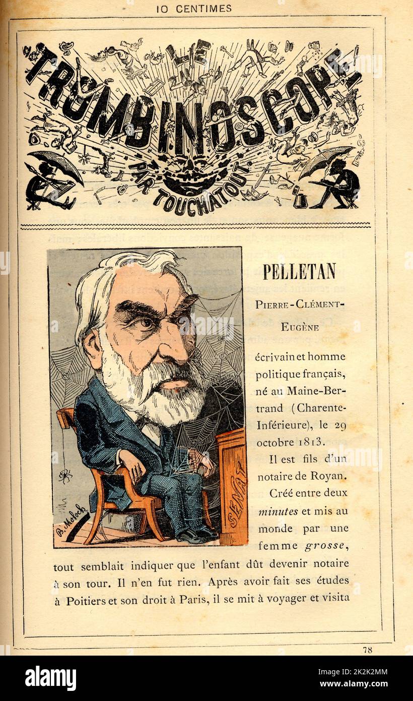Caricature of Pierre-Clément-Eugène Pelletan (1813-1884), in : 'Le Trombinoscope' by Touchatout, drawing by Moloch. 19th  century. France. Private Collection. Stock Photo