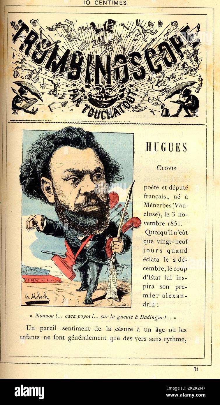 Caricature of Clovis Hugues (1851-1907), in : 'Le Trombinoscope' by Touchatout, drawing by Moloch. 19th  century. France. Private Collection. Stock Photo