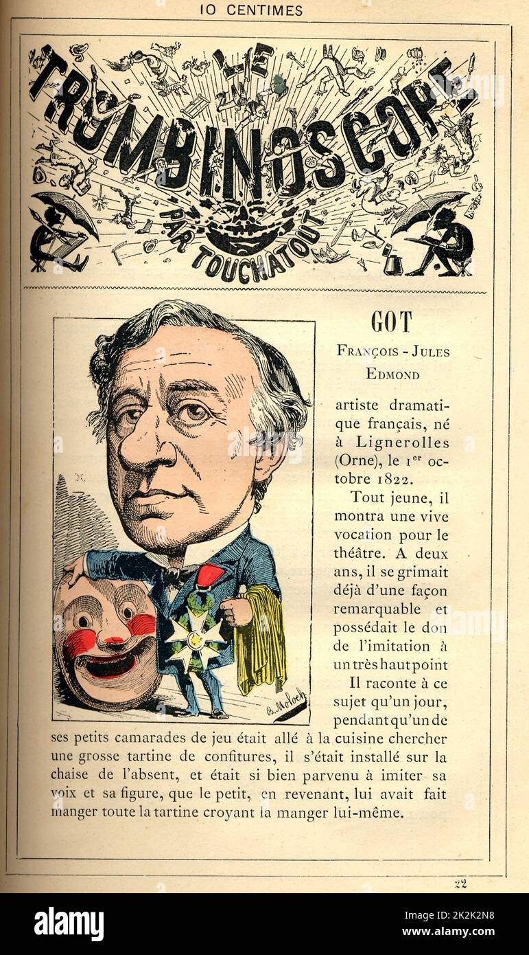 Caricature of Edmond Got (1822-1901), in : 'Le Trombinoscope' by Touchatout, drawing by Moloch. 19th  century. France. Private Collection. Stock Photo
