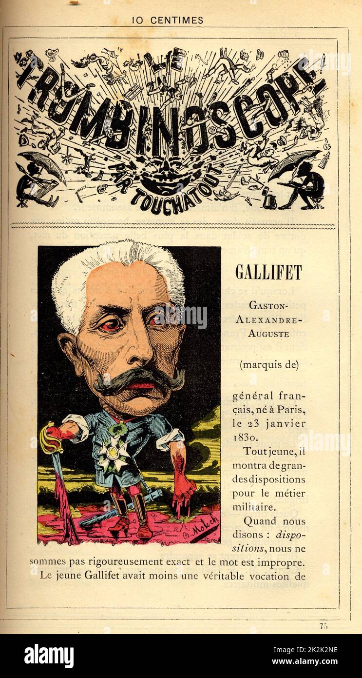 Caricature of the Marquis de Gallifet (born in 1830), in : 'Le Trombinoscope' by Touchatout, drawing by Moloch. 19th  century. France. Private Collection. Stock Photo