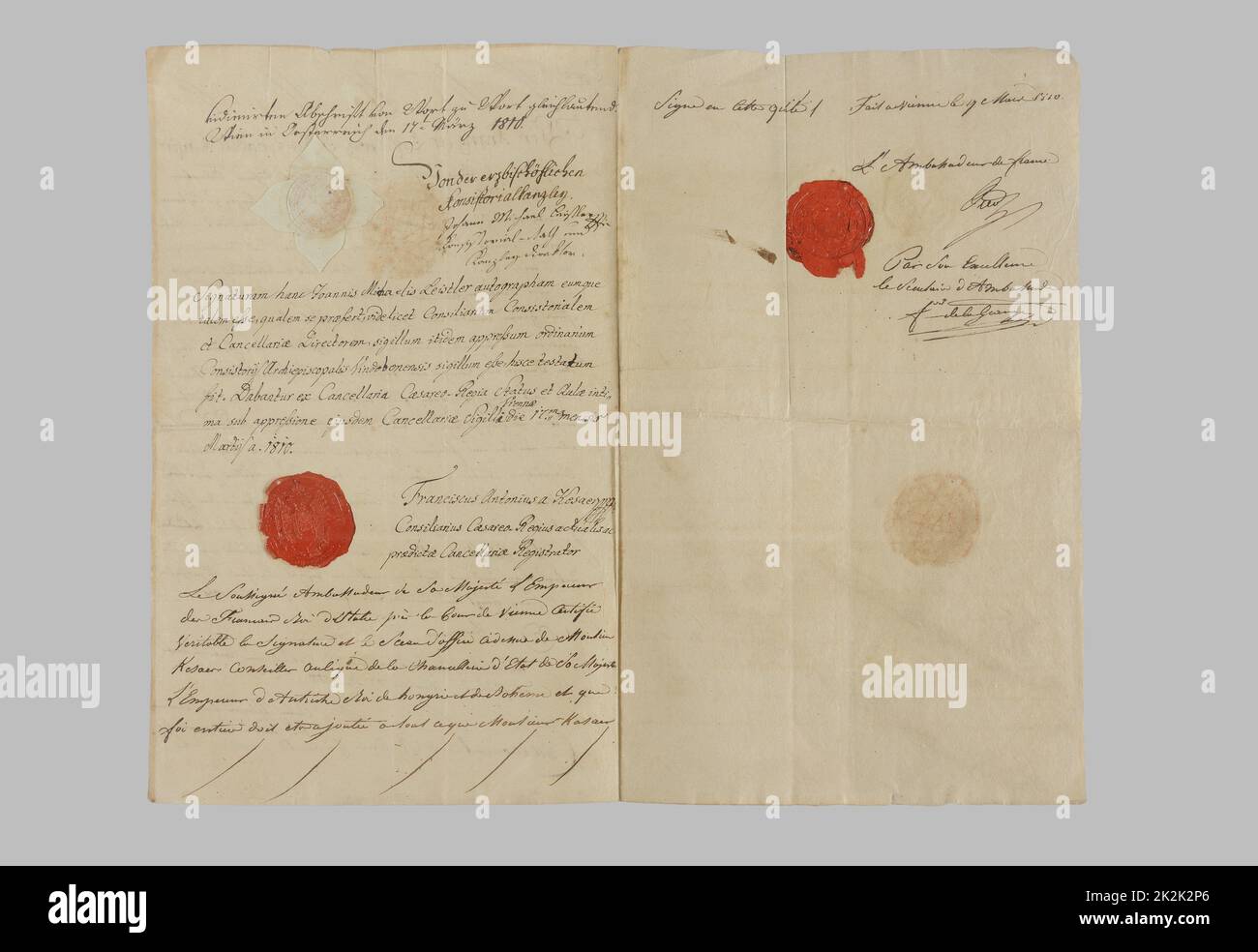 Authentic copy of the Exemption having authorized the celebration of the marriage of Napoleon I and Marie- Louise of Austria without banns Vienna, the 9th march 1810. Stock Photo