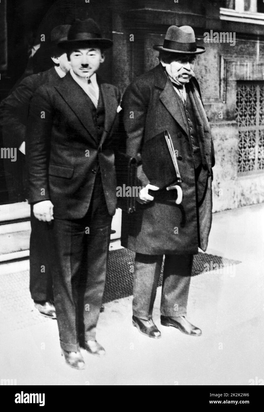 French Finance Minister Paul Reynaud and Foreign Affairs Minister Aristide Briand, appointed in the second Tardieu government under the presidency of Gaston Doumergue. Paris, 1930 Stock Photo