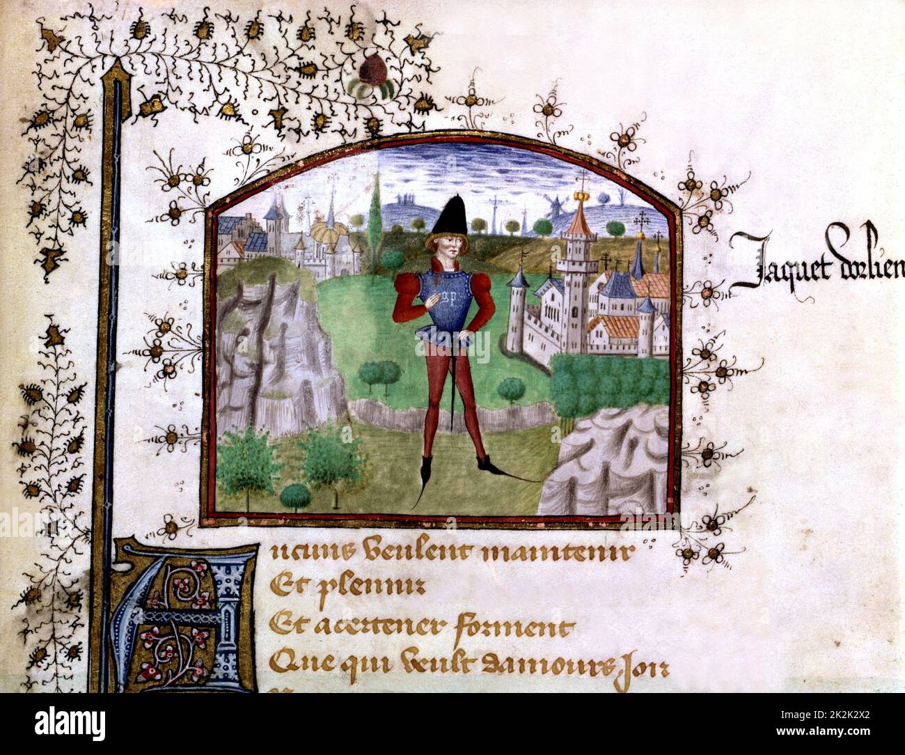Poem composed by Jean Sénéchal, king Charles VI's chamberlain : 'Book of the Hundred ballades. The Troubadour' Middle Ages France Bibliothèque de Chantilly Stock Photo