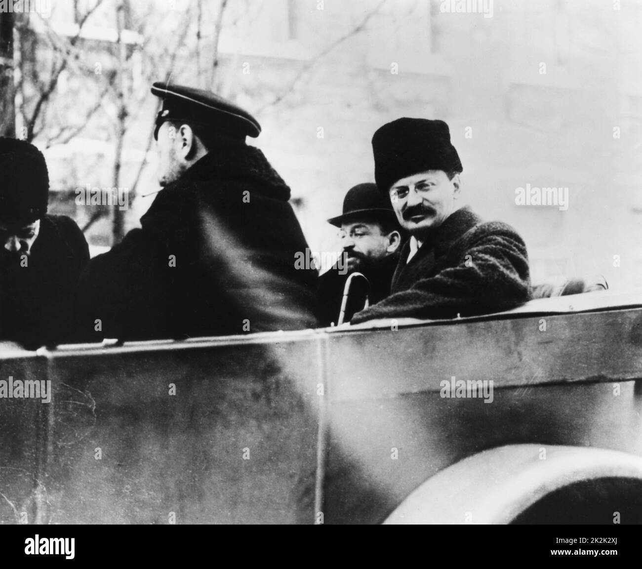 Leon Trotsky, Adolf Joffé and Admiral Altfater on their way to the Brest-Litovsk Treaty negotiations, 3 March 1918. Stock Photo