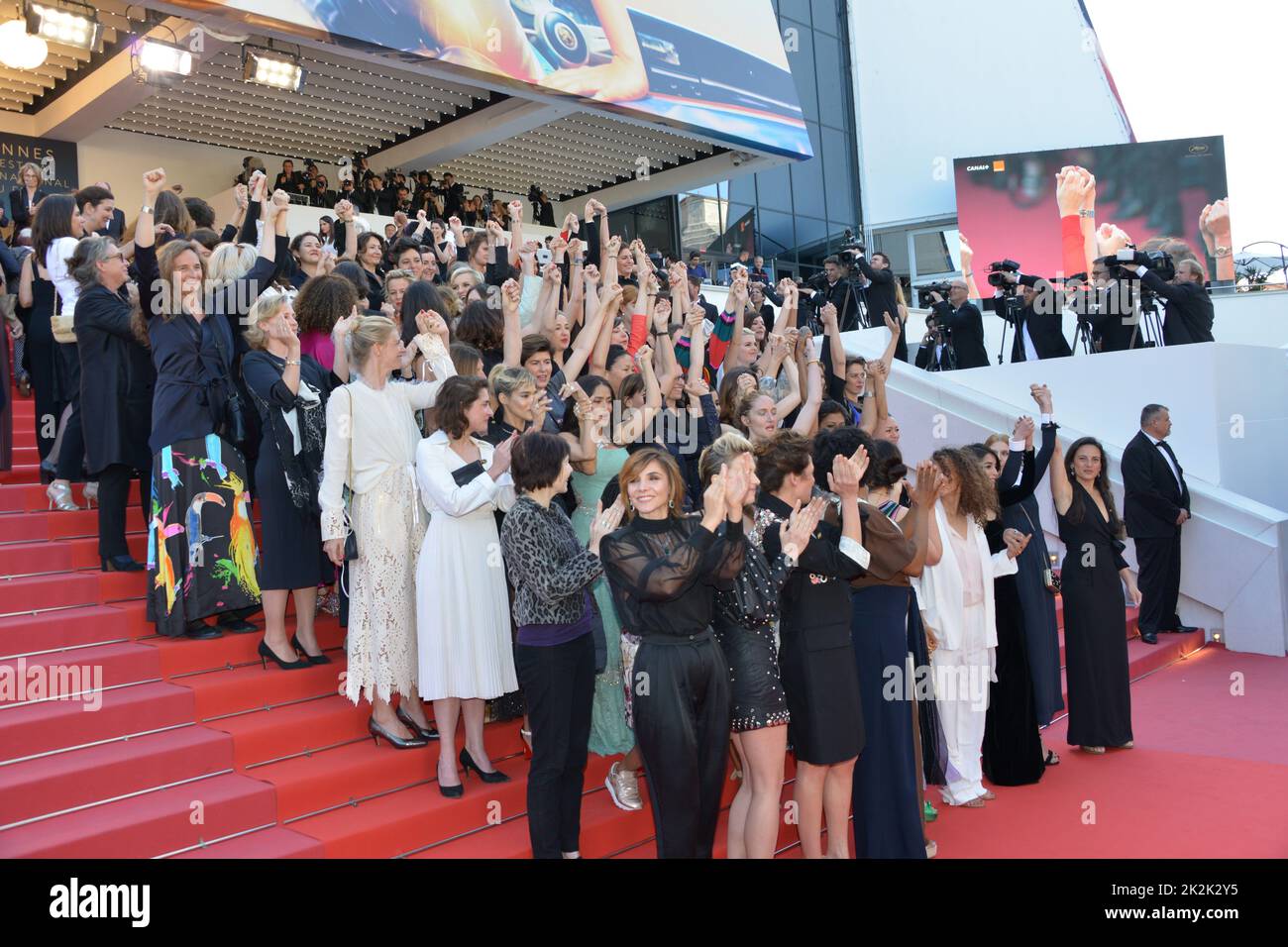 Cate Blanchett with 82 women chosen for the Cannes Film Festival since its creation in 1947. Among others: Clotilde Courau, Leïla Bekhti, Clémence Poesy, Sofia Boutella, Salma Hayek, Claudia Cardinale, Cécile Cassel, Anna Mouglalis, Alba Rohrwacher, Lolita Chammah, Melita Toscan du Plantier, Tonie Marshall, Ava Duvernay, Khadja Nin, Léa Seydoux, Kristen Stewart. Arriving on the red carpet for the film 'Les Filles du Soleil' 71st Cannes Film Festival May 12, 2018 Stock Photo