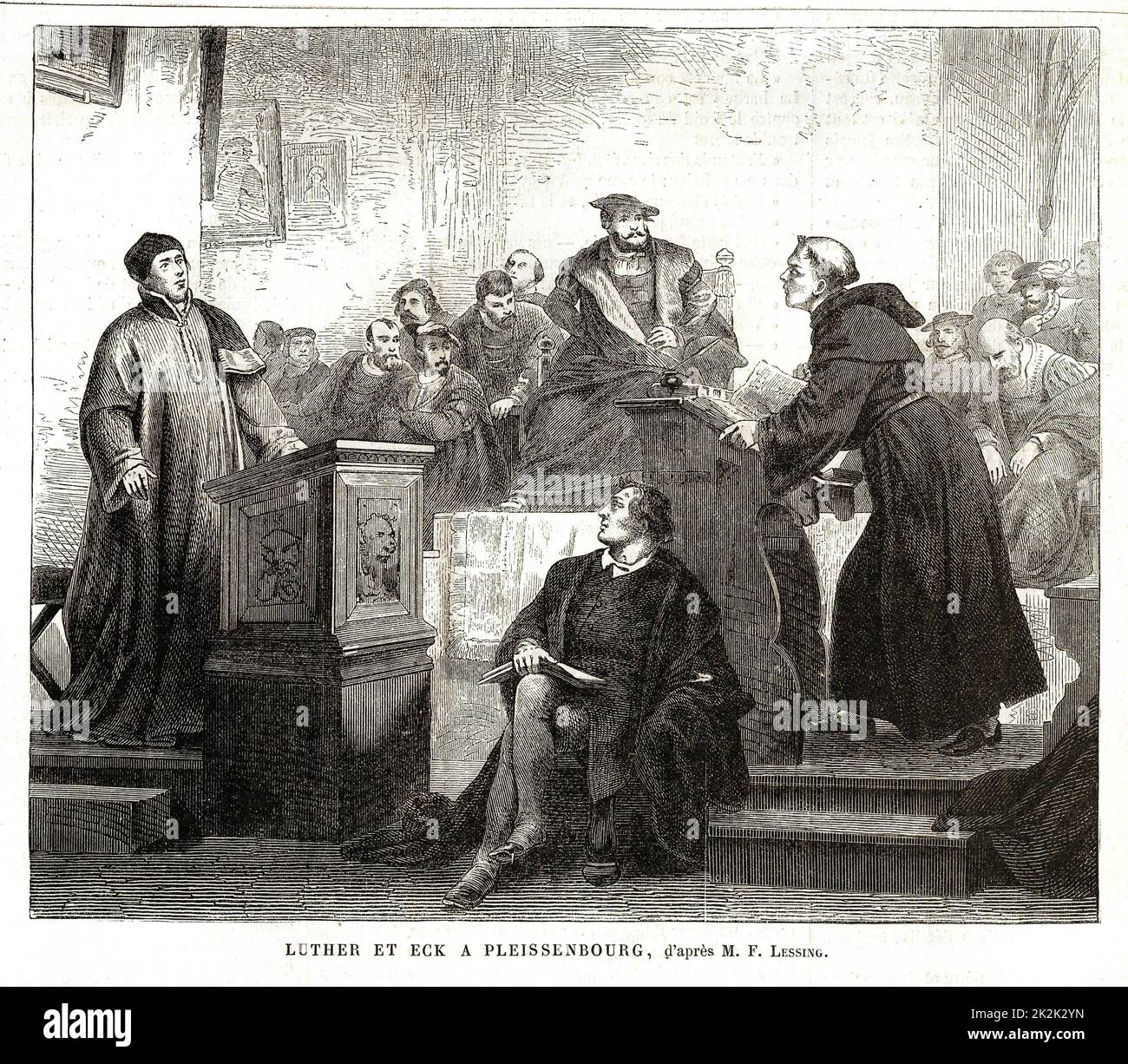 The Leipzig Debate (1519), theological disputation between Martin Luther, Andreas Karlstadt, Philip Melanchthon and Johann Eck. Stock Photo