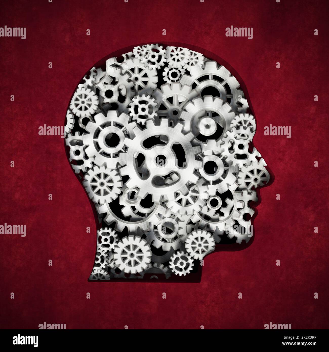 Metal cogs forming head shape. 3D illustration Stock Photo