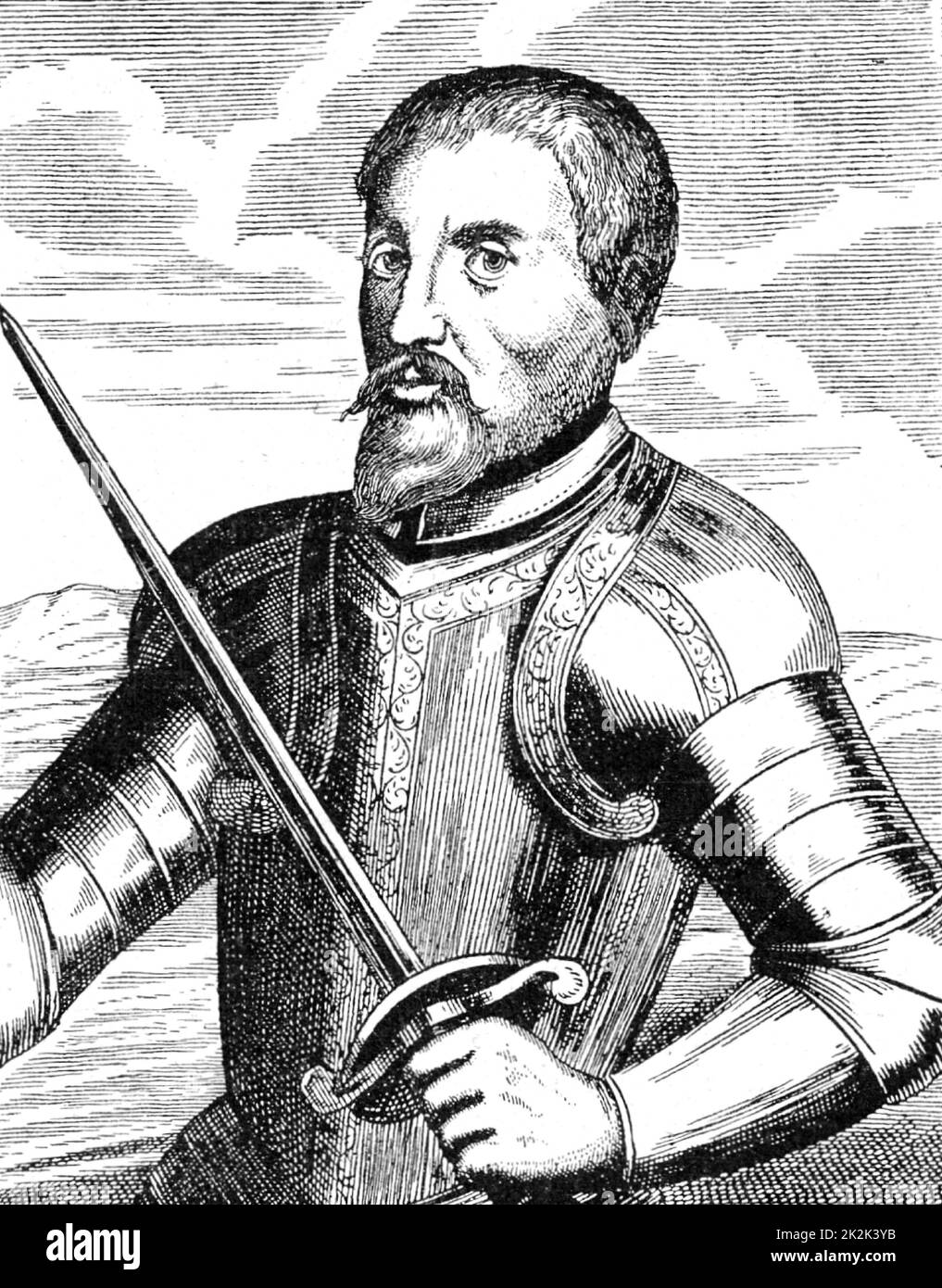 Fernando de Soto (c1496-1542) Spanish explorer and conquistador born at Xeres (Jerez) de los Caballeros, Estramadura, Spain. A member of the Spanish expedition to Darien (1518-1520), served in Nicaragua (1527) and assisted Pizzaro in the conquest of Peru. Appointed governor of Cuba by the Emperor Charles V and given permission to conquer Florida, where he landed in May 1539. Died of fever and was buried in the Mississippi River. Engraving. Stock Photo