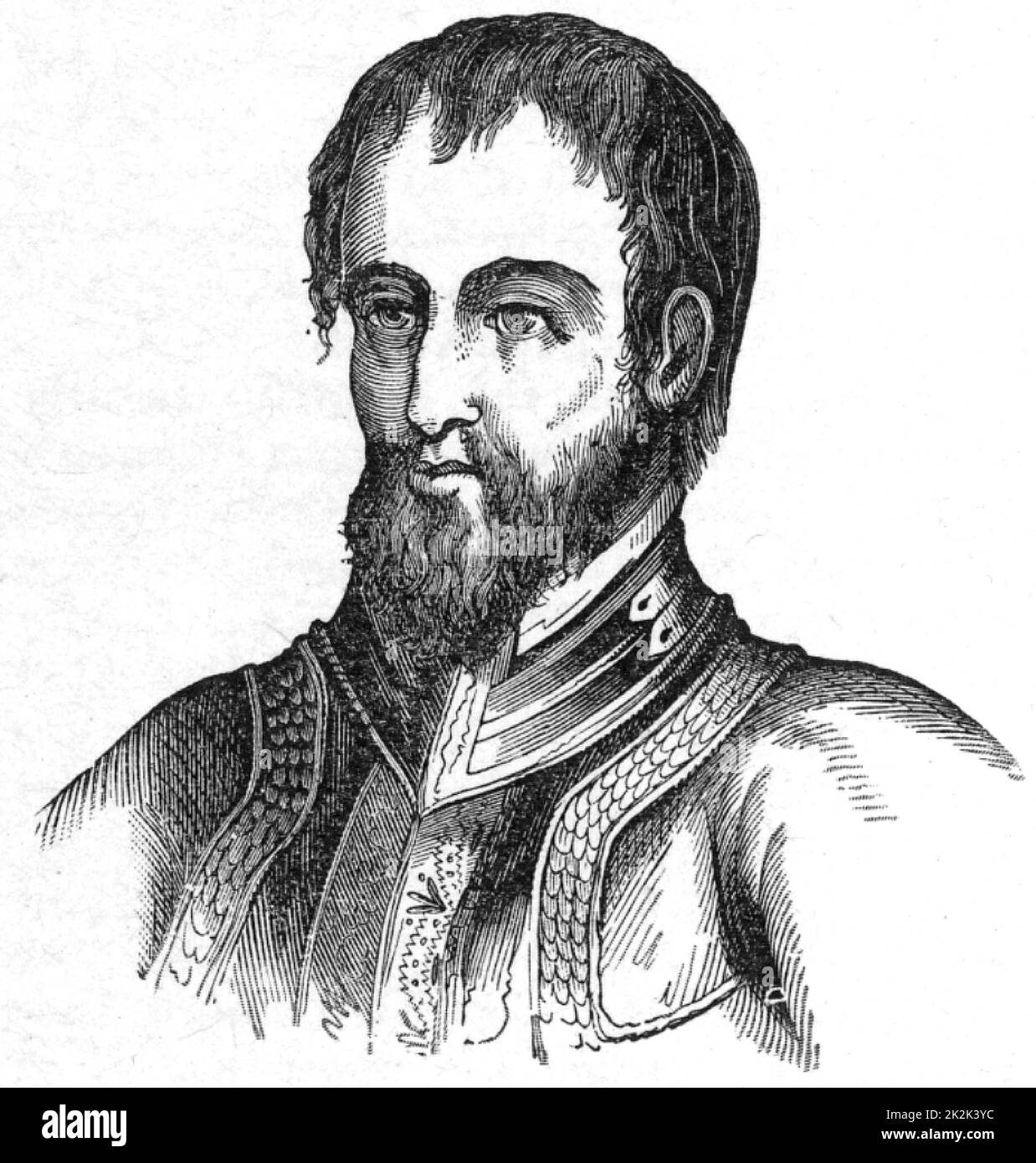 Fernando de Soto (c1496-1542) Spanish explorer and conquistador born at Xeres (Jerez) de los Caballeros, Estramadura, Spain. A member of the Spanish expedition to Darien (1518-1520), served in Nicaragua (1527) and assisted Pizzaro in the conquest of Peru. Appointed governor of Cuba by the Emperor Charles V and given permission to conquer Florida, where he landed in May 1539. Died of fever and was buried in the Mississippi River. Engraving. Stock Photo