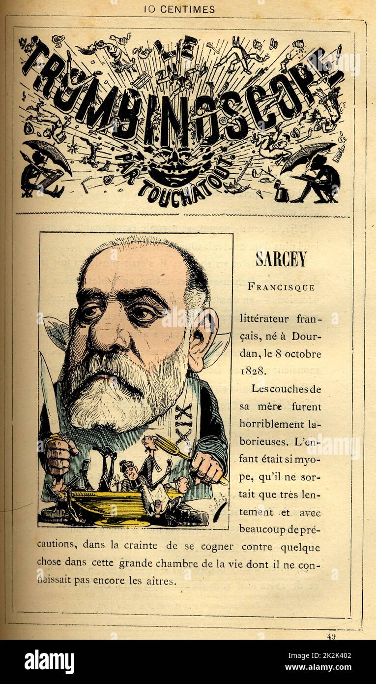 Caricature of Francisque Sarcey (born in 1828), in : 'Le Trombinoscope' by Touchatout, drawing by Moloch. 19th  century. France. Private Collection. Stock Photo