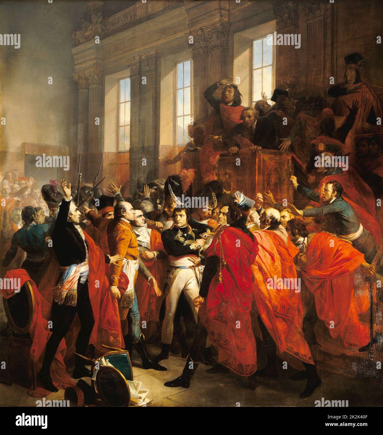 François Bouchot (1800-1842)  French School Bonaparte at the Council of Five Hundred in Saint-Cloud (18 Brumaire, Year VIII - November 9, 1799) 1840 Oil on canvas (4.21 x 4.01) Versailles, musée national du Château Stock Photo