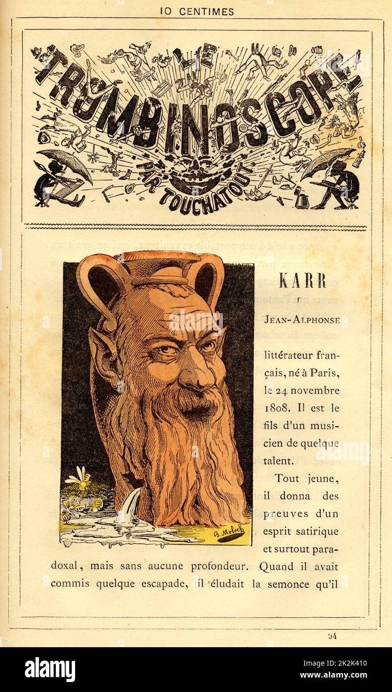 Caricature of Jean-Alphonse Karr (born in 1808), in : 'Le Trombinoscope' by Touchatout, drawing by Moloch. 19th  century. France. Private Collection. Stock Photo