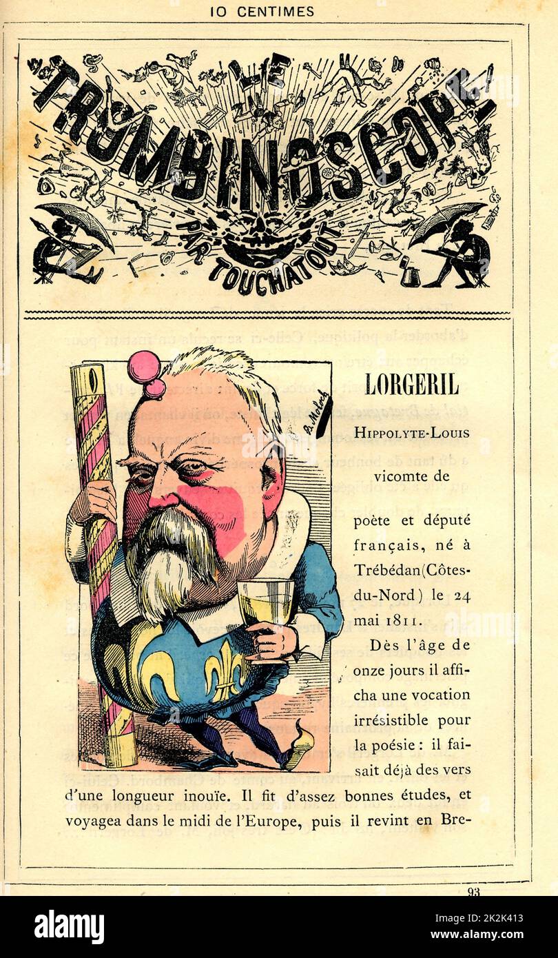Caricature of Vicount of Lorgeril (born in 1811), in :'Le Trombinoscope' by Touchatout, drawing by Moloch. 19th  century. France. Private Collection. Stock Photo
