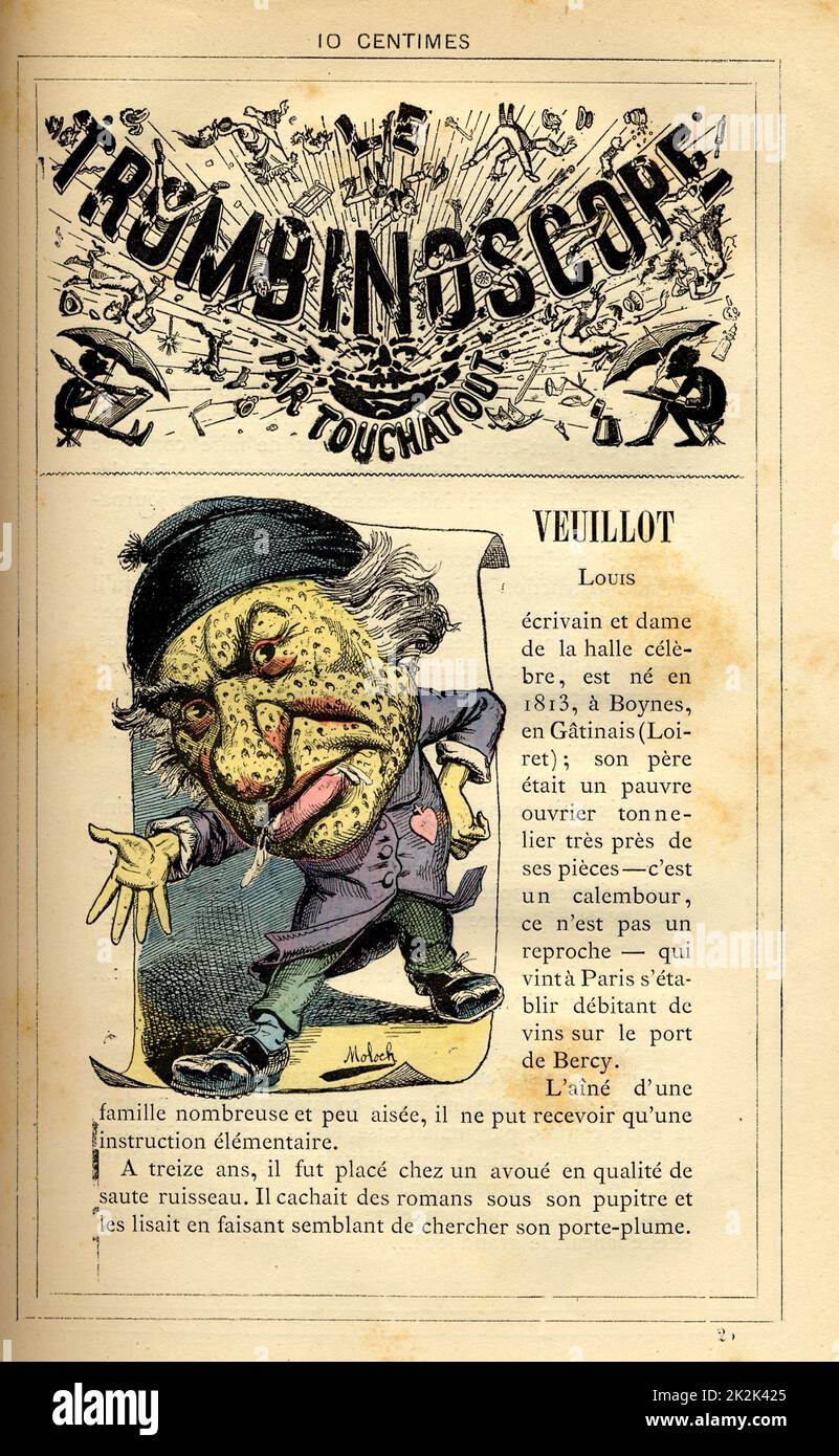 Caricature of Louis Veuillot (born in 1813), in : 'Le Trombinoscope' by Touchatout, drawing by Moloch. 19th  century. France. Private Collection. Stock Photo
