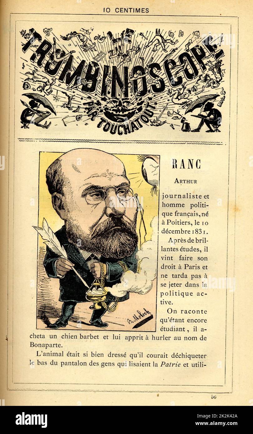 Caricature of Arthur Ranc (born in 1831), in : 'Le Trombinoscope' by Touchatout, drawing by Moloch. 19th  century. France. Private Collection. Stock Photo