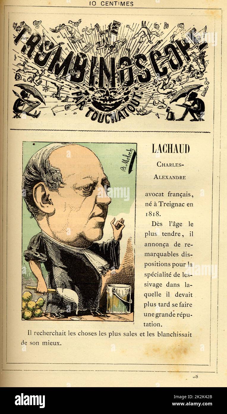 Caricature of Charles-Alexandre Lachaud (born in 1818), in : 'Le Trombinoscope' by Touchatout, drawing by Moloch. 19th  century. France. Private Collection. Stock Photo