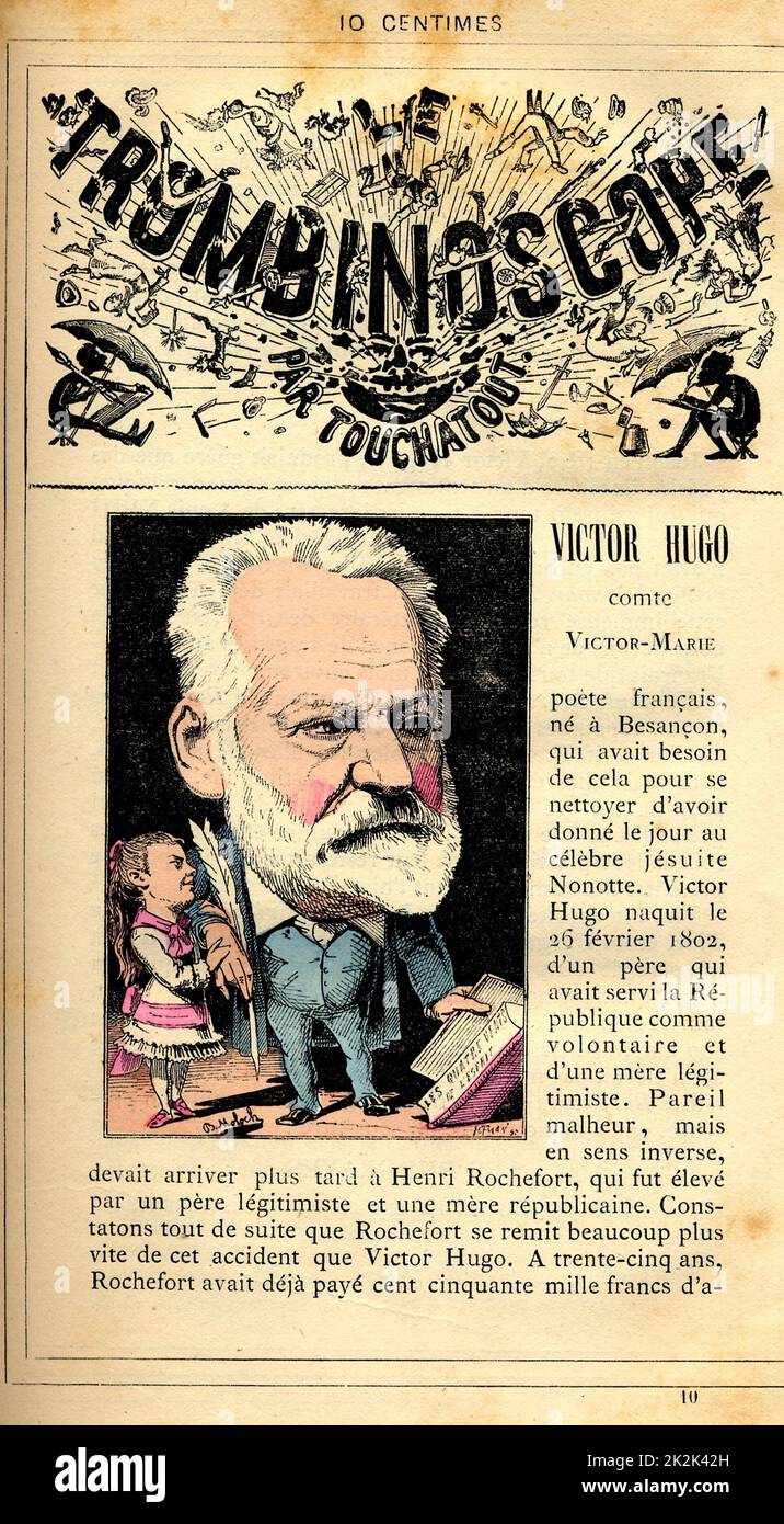 Caricature of  Victor Hugo (1802-1885), in : 'Le Trombinoscope' by Touchatout, drawing by Moloch. 19th  century. France. Private Collection. Stock Photo