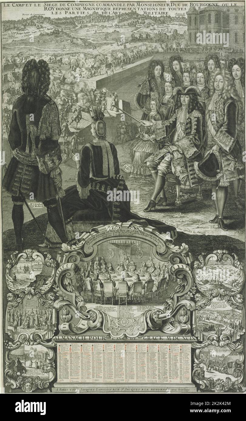 'Le Camp et le Siège de Compiègne commissioned by Monseigneur Duc de Bourgogne where the King gives a magnificent representation of all the parts of the Military Art'. Published in Paris by Jacques Langlois, 1699 Engraving Stock Photo