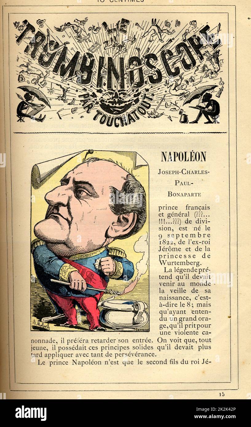 Caricature of Prince Napoléon (1822-1891), in : 'Le Trombinoscope' by Touchatout, drawing by Moloch. 19th  century. France. Private Collection. Stock Photo