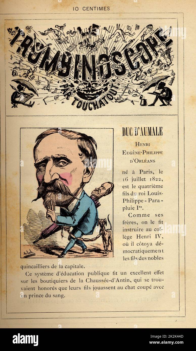 Caricature of Henri d'Orléans, Duc d'Aumale (1822-1897), in : 'Le Trombinoscope' by Touchatout, drawing by Moloch. 19th  century. France. Private Collection. Stock Photo