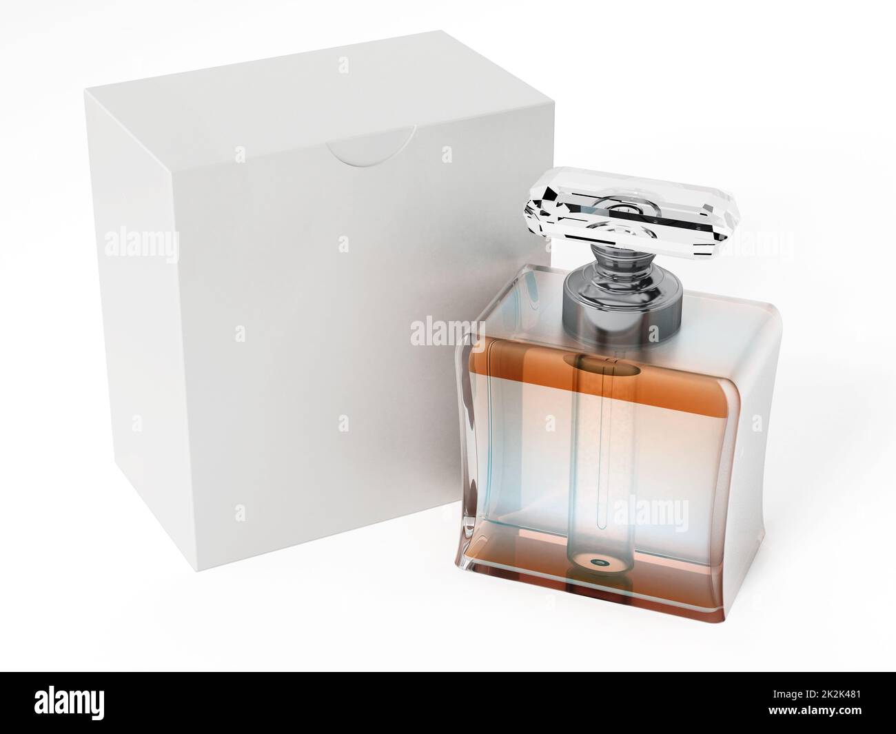 Perfume bottle and blank white box. 3D illustration Stock Photo