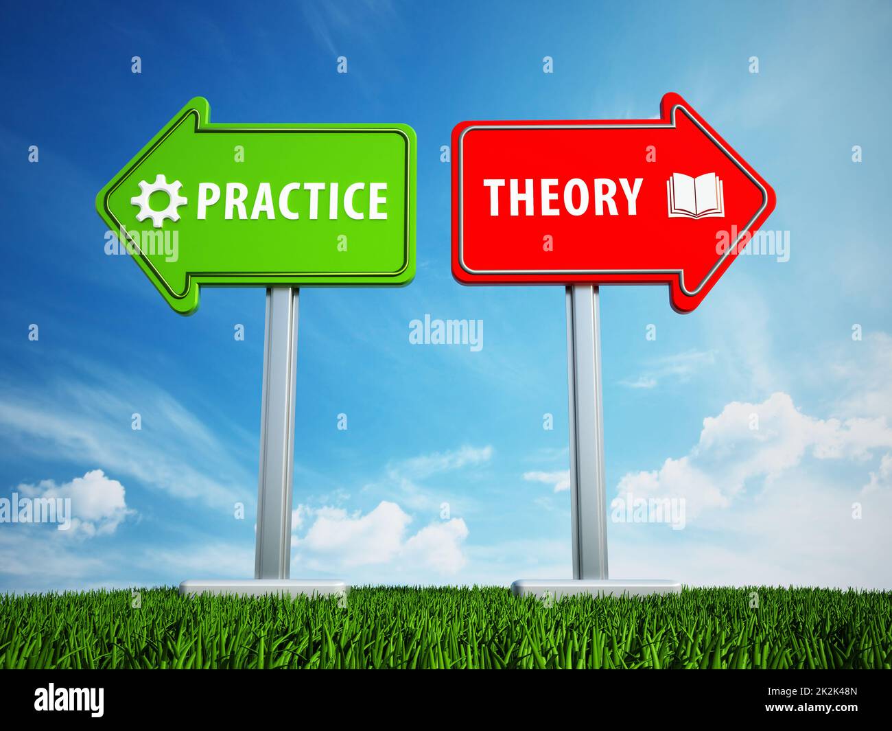 Arrows with theory and practice words on blue background. 3D ...