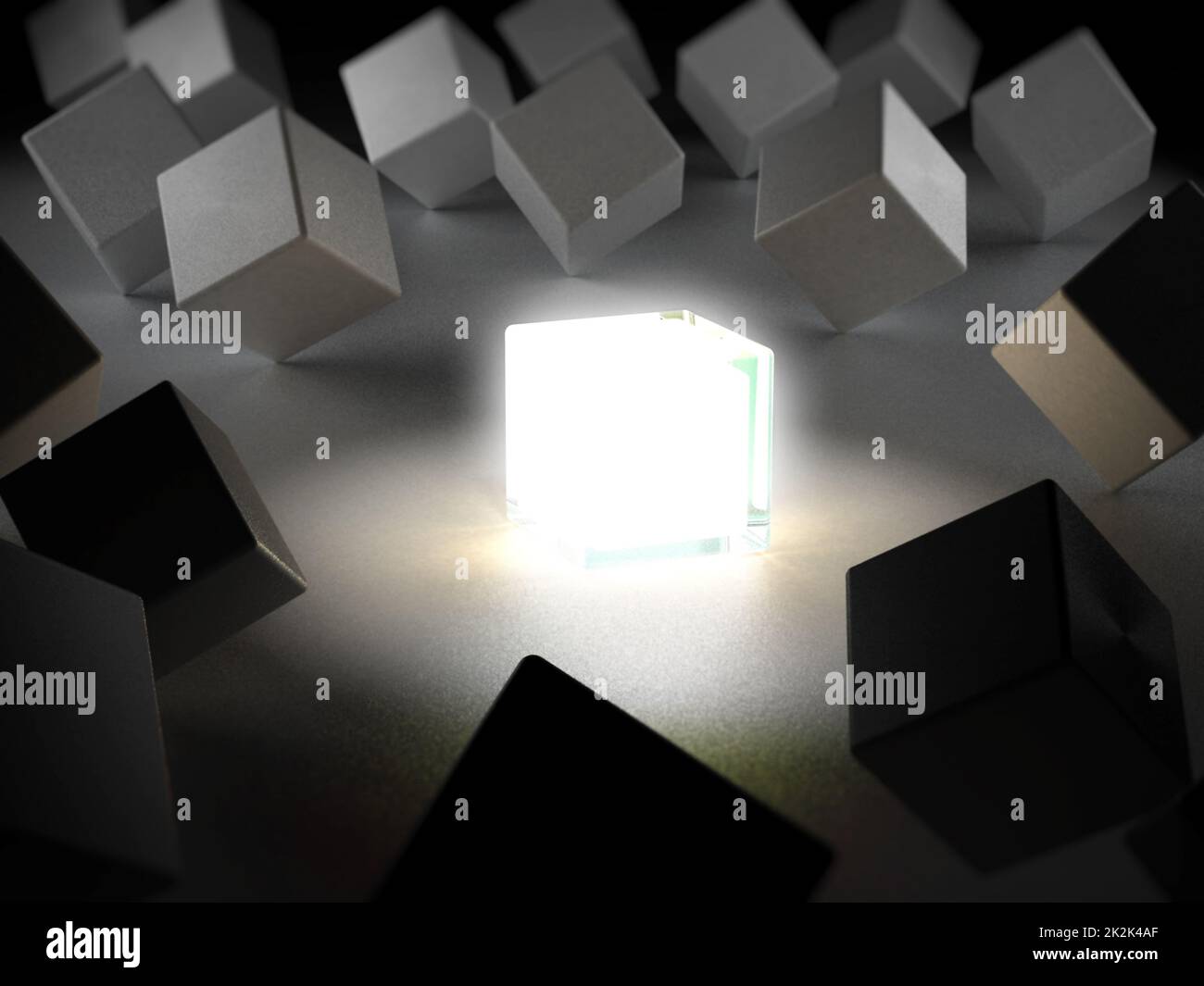 Box emitting light standing out among boxes. 3D illustration Stock Photo