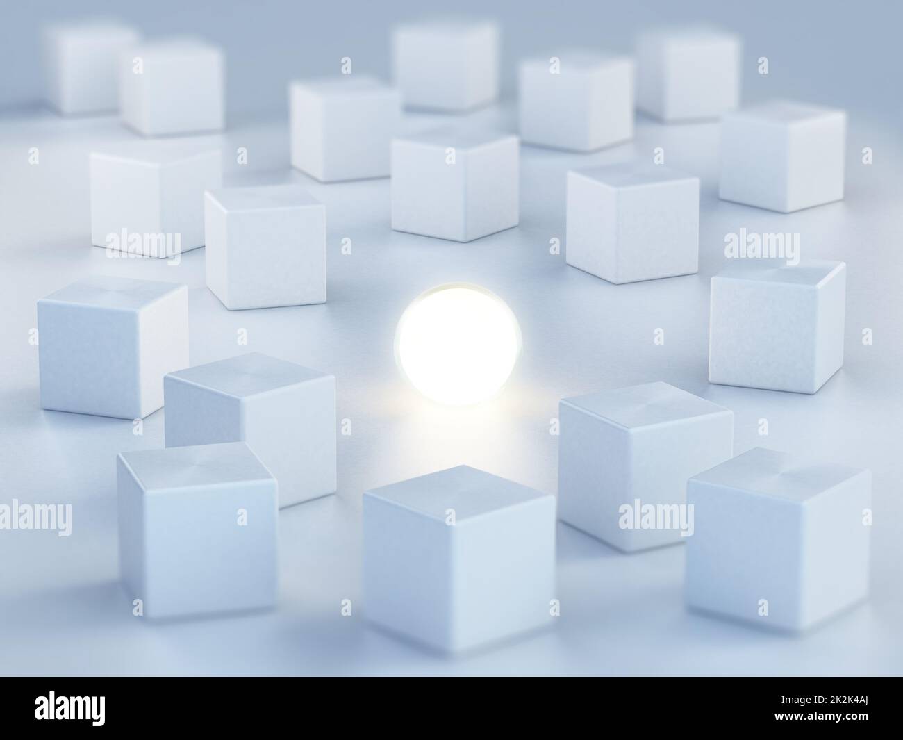 Sphere emitting light standing out among boxes. 3D illustration Stock Photo