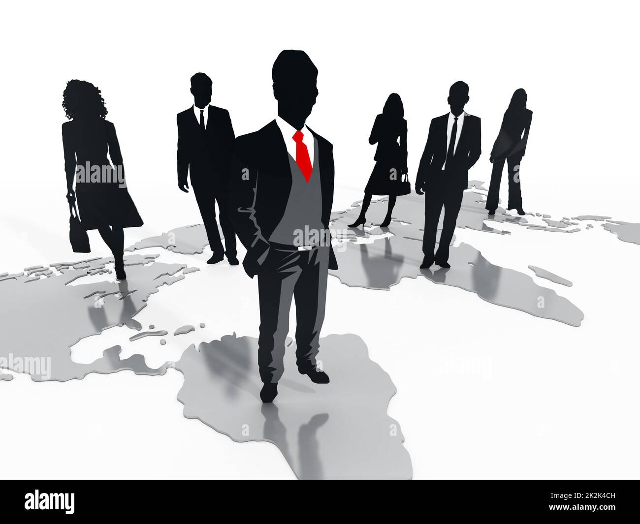 Business professionals standing on world map. 3D illustration Stock Photo
