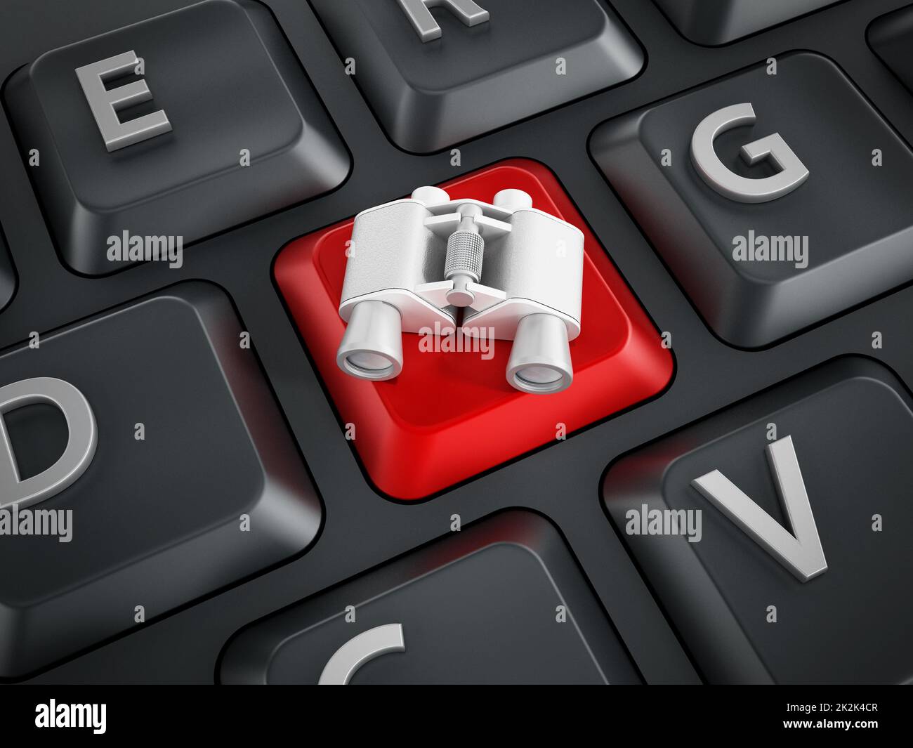 Binoculars standing on F key of a keyboard. 3D illustration Stock Photo ...