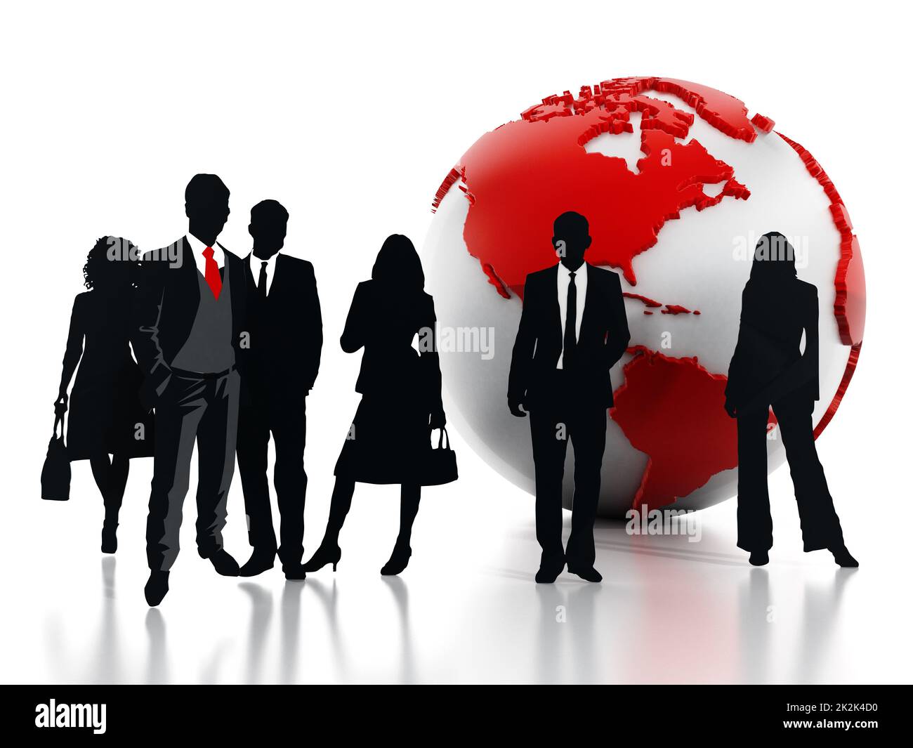 Business professionals standing in front of the globe. 3D illustration Stock Photo