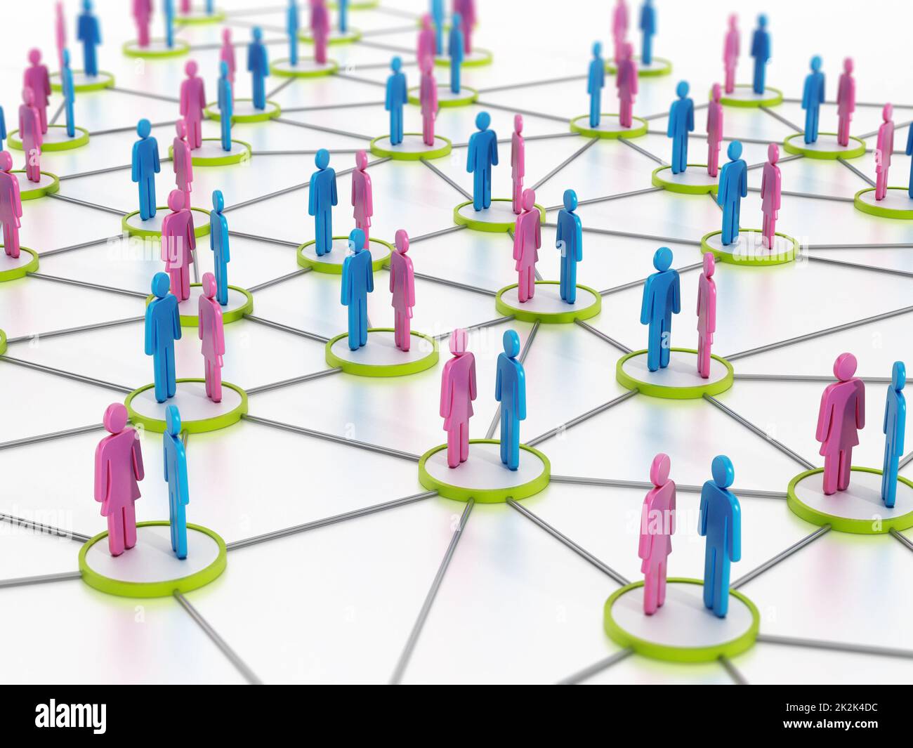 Man and woman silhouettes on green dots connected to each other. 3D ...