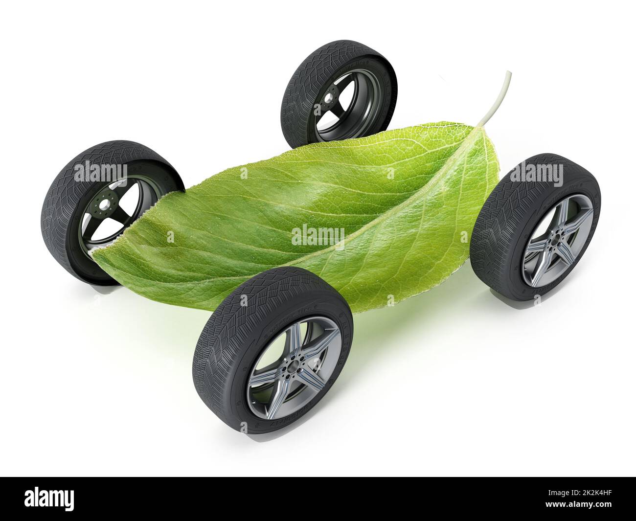 Green leaf with four wheels. 3D illustration Stock Photo