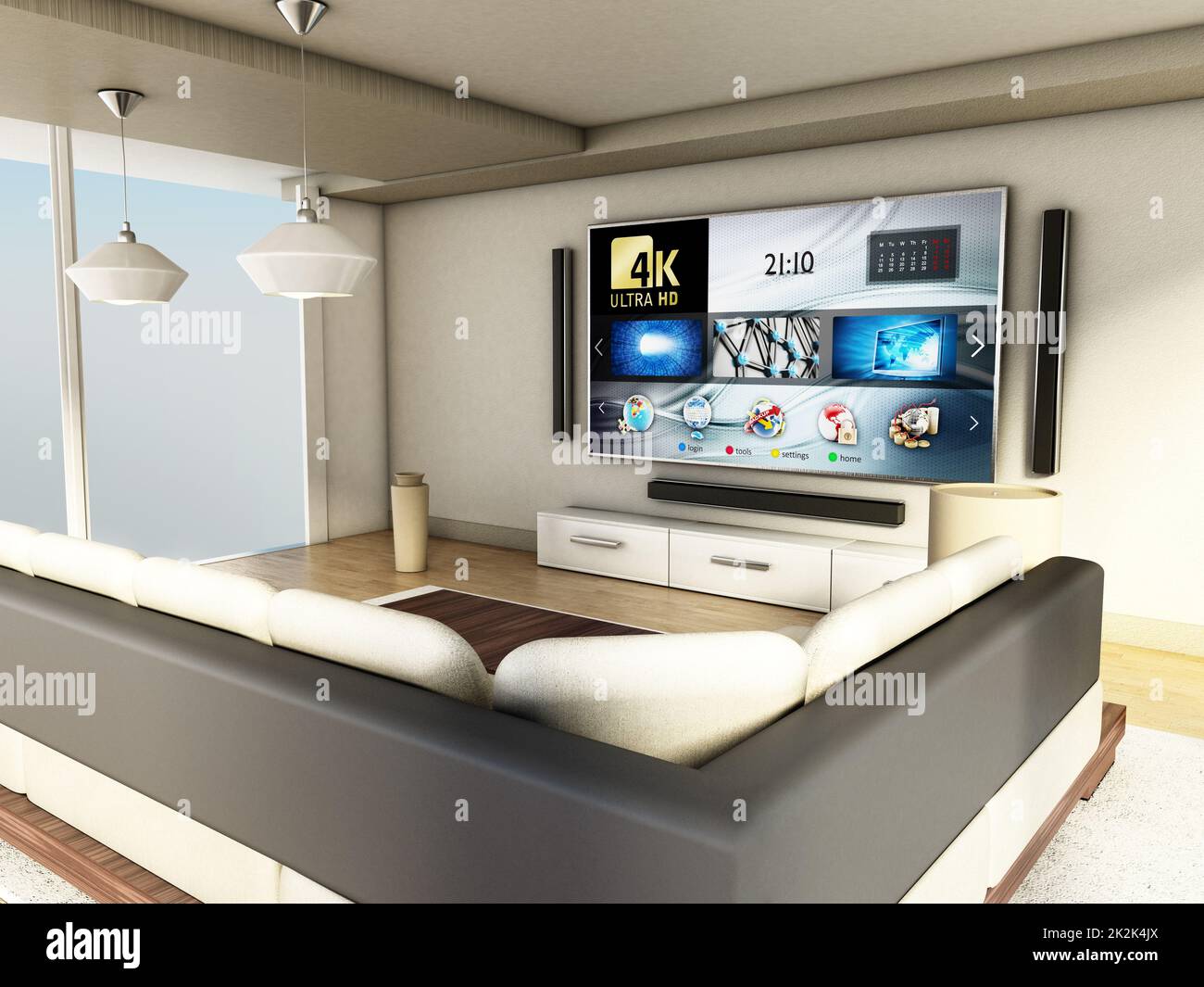 Modern room interior with large windows and parquet floor. 3D ...