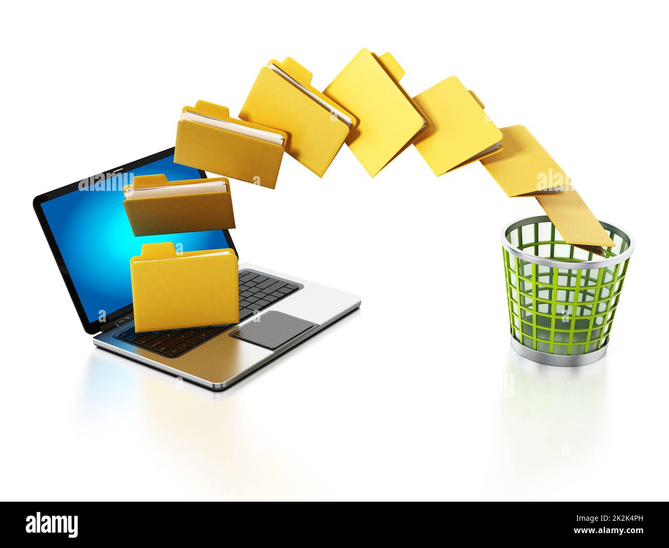 Folders moving from the notebook computer to trash bin. 3D illustration Stock Photo