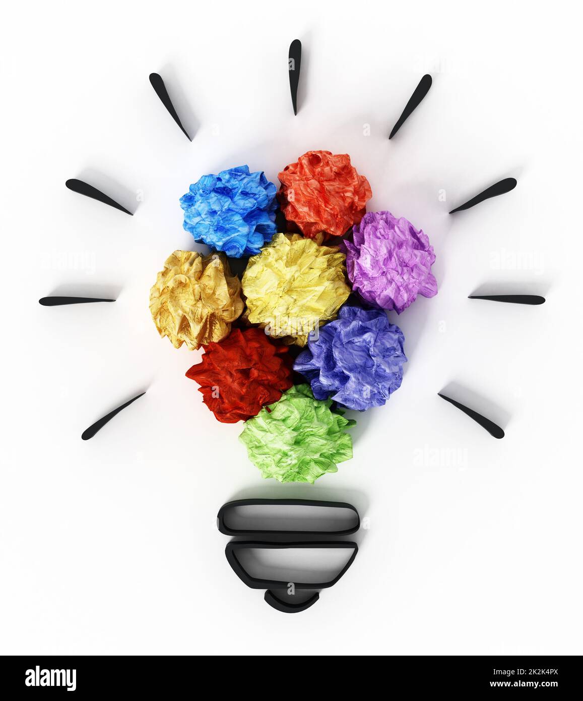 Colorful crumpled papers forming lightbulb shape. 3D illustration Stock Photo