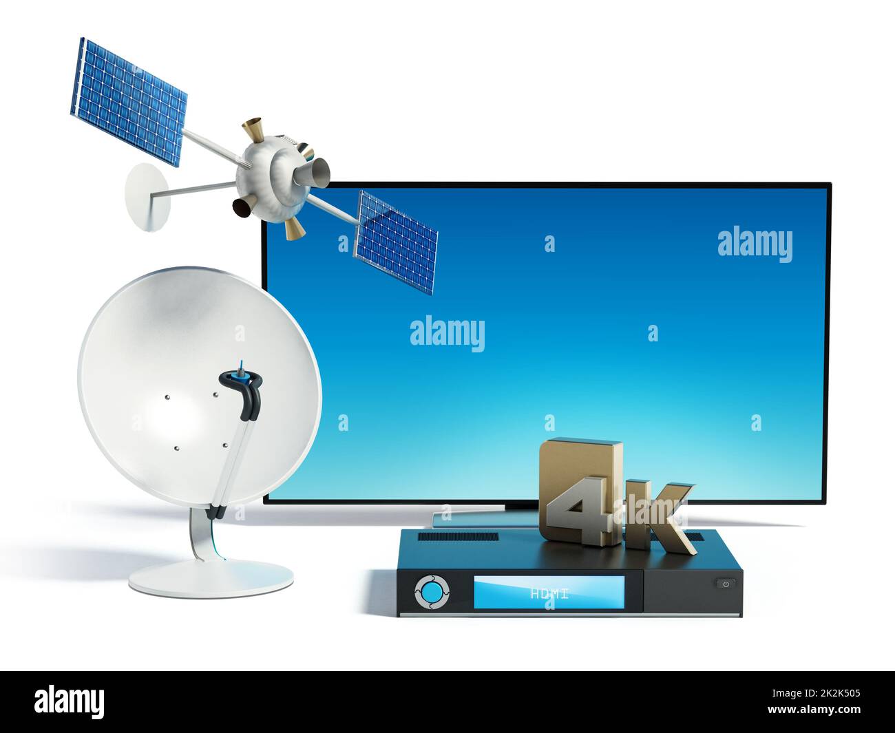 Satellite, dish, 4K ultra HD receiver and TV. 3D illustration Stock Photo