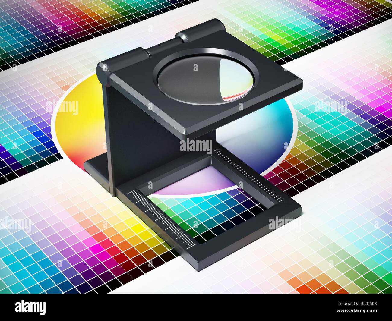 Printing loupe on color chart. 3D illustration Stock Photo