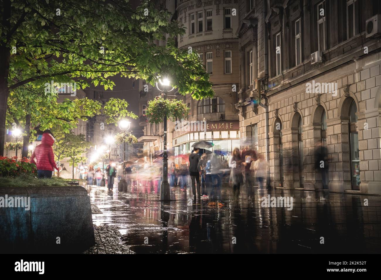 BELGRADE, SERBIA - SEPTEMBER 25: Rainy inght at Knez Mihailova Street on September 25, 2015 in Belgrade, Serbia. Street is the main shopping mile of Belgrade Stock Photo