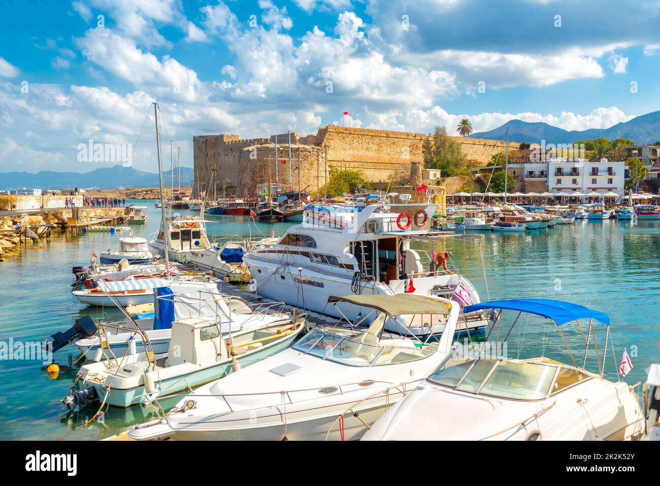 Old harbour and Kyrenia medieval castle (Girne Kalesi), northern coast of Cyprus Stock Photo