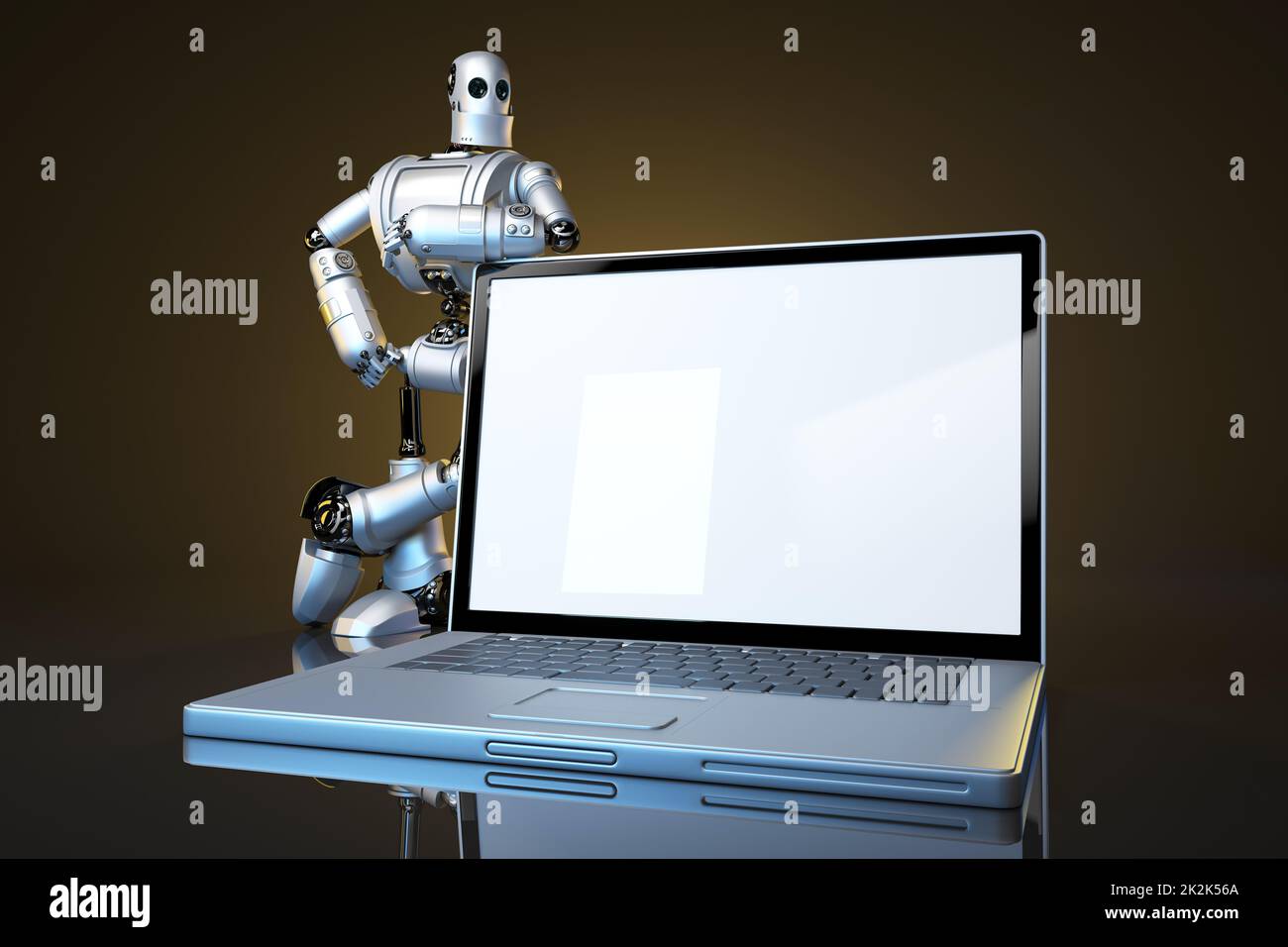 Robot with blank screen laptop. Contains clipping path of screen and entire scene Stock Photo