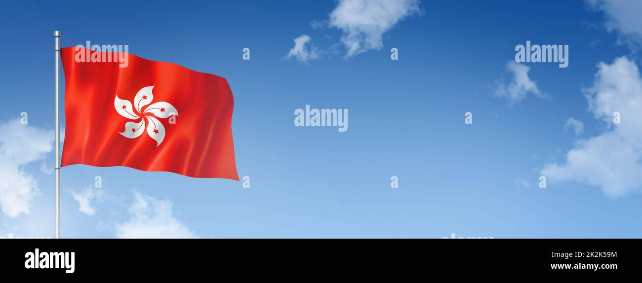 Hong Kong flag isolated on a blue sky. Horizontal banner Stock Photo