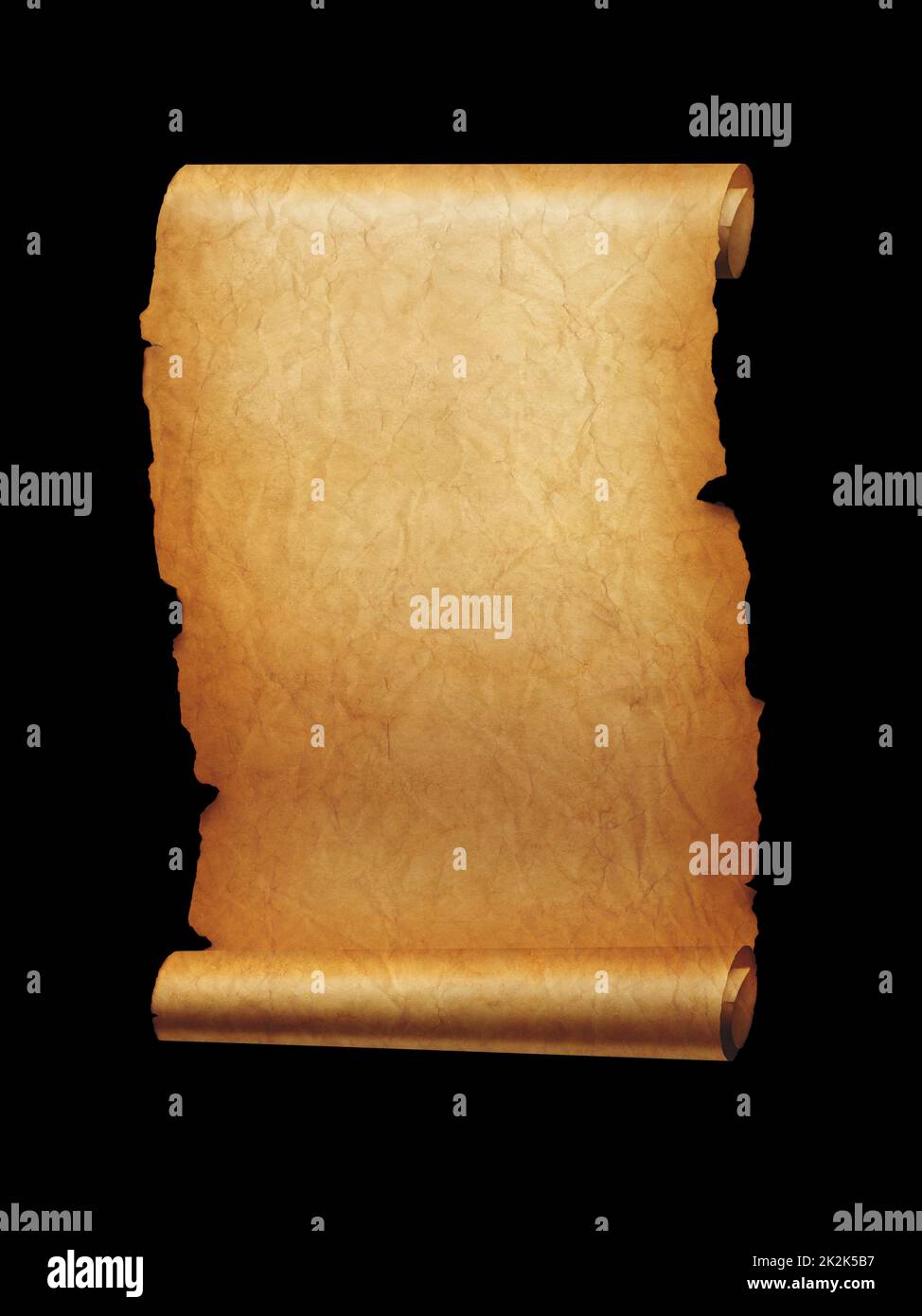 Old mediaeval paper sheet. Parchment scroll isolated on black Stock Photo