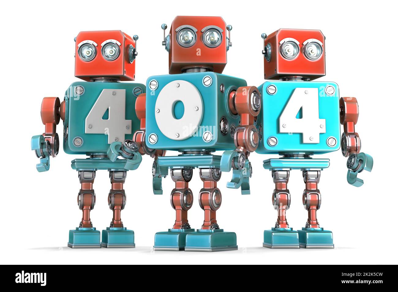 Group of vintage robots with 404 sign. Isolated. Contains clipping path Stock Photo
