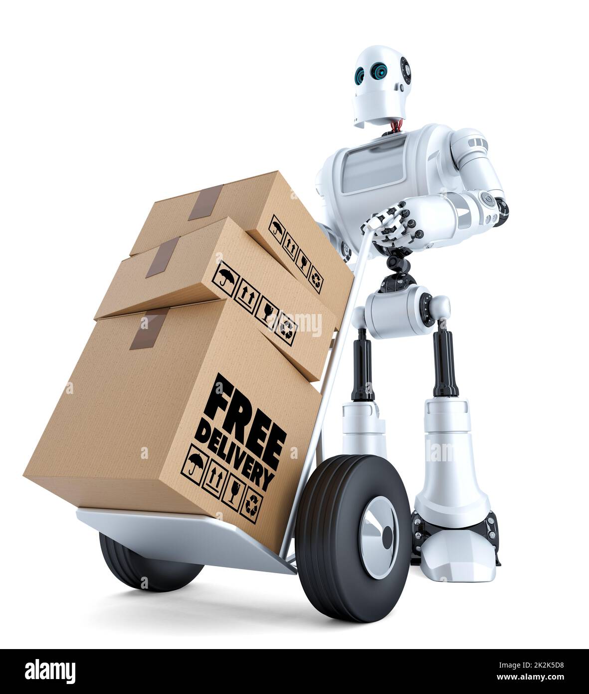 3d Courier Robot with hand truck. Free delivery concept. Isolated with clipping path Stock Photo