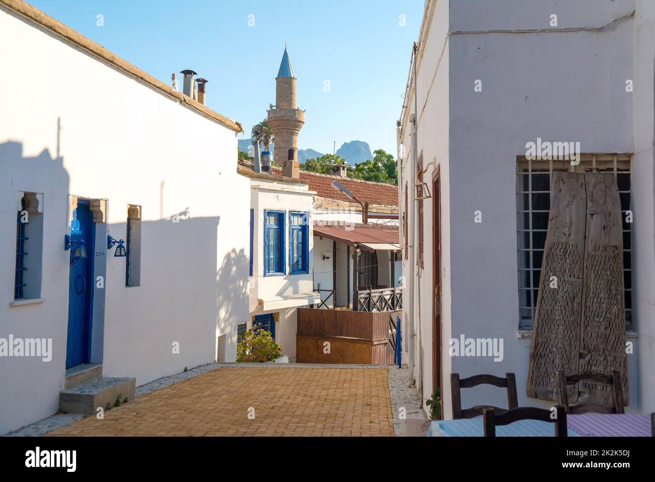 Narrow street in old town of Kyrenia. Cyprus Stock Photo