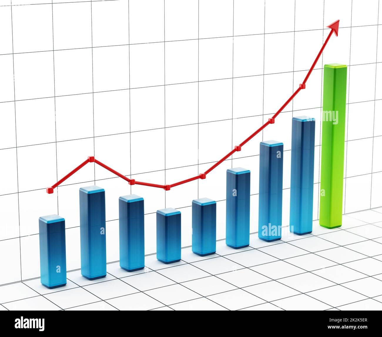 Rising bar graph on grid. 3D illustration Stock Photo