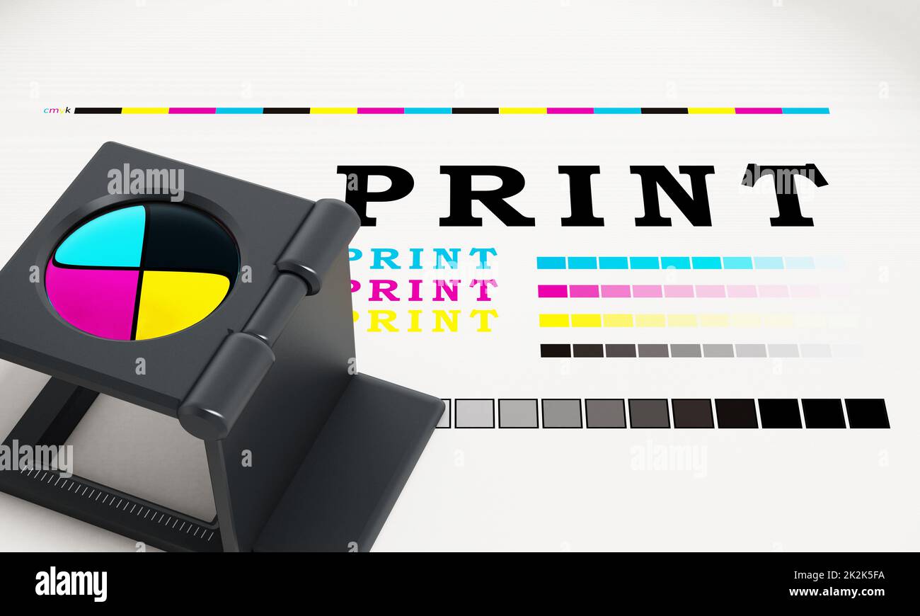 Printing loupe standing on colour test paper. 3D illustration Stock